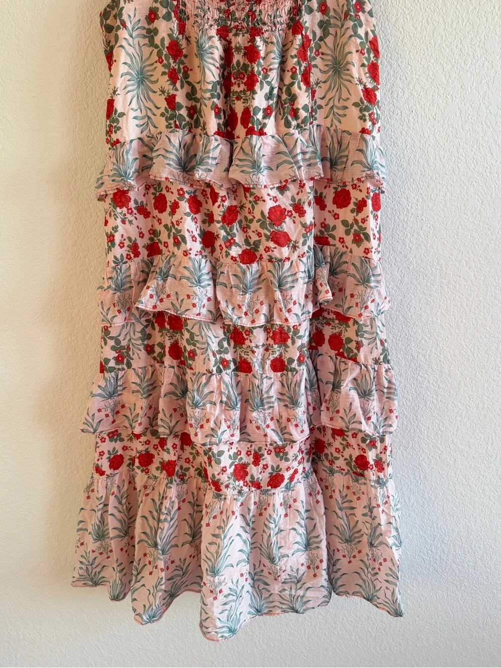 Anthropologie Pink Floral Tiered Sundress with Red Accents - Picture 7 of 13